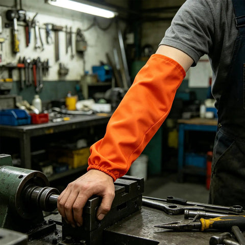 Wearing Badass Heat Resistant Welding Sleeves For Heavy Construction And Mechanic Work on arm while using machine.