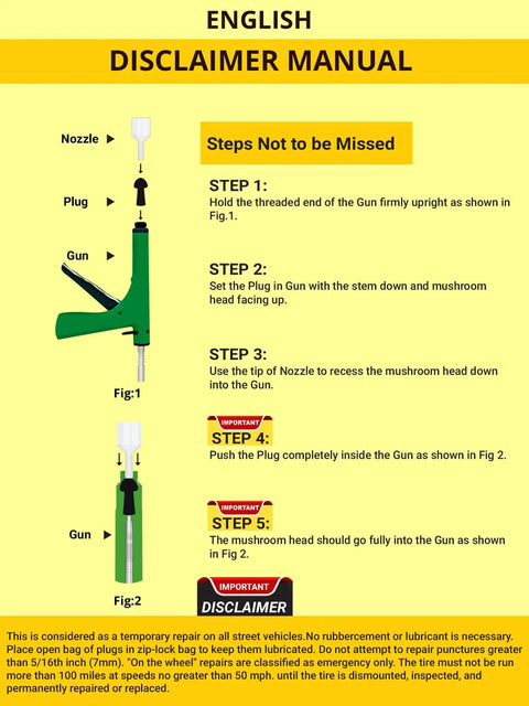 DIY Tubeless Tire Repair Kit With Mushroom Plug Gun instructions showing step-by-step guide for using the repair gun and plugs.