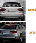 Before and after view of Center High Mount Stop Lamp Assembly For Audi A4 A4 Quattro 2009 2015 And S4 2010 2015 with 18 red lamp bulbs.