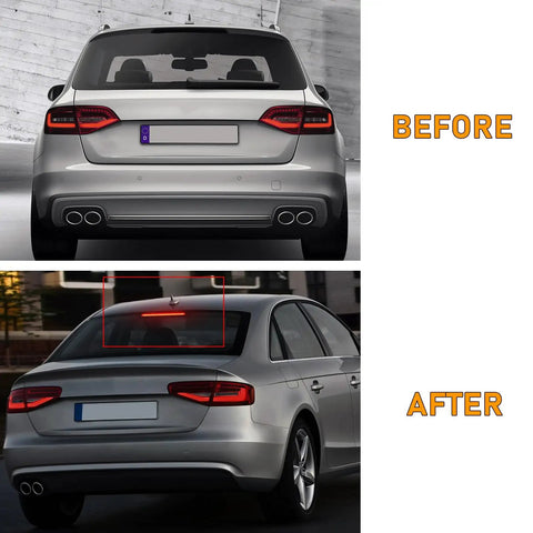 Before and after view of Center High Mount Stop Lamp Assembly For Audi A4 A4 Quattro 2009 2015 And S4 2010 2015 with 18 red lamp bulbs.