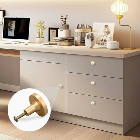Four Pack Seabird Fence Vintage Gold Cabinet Knobs With Round Pull Design For Drawers Walls And Dressers, Scratch Resistant Gold Finish shown on drawer