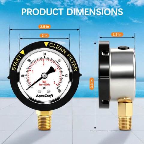 Stainless Steel Pool Filter Pressure Gauge With Two Inch Dial 0 To 60 PSI Bottom Mount One Quarter Inch NPT IP67 Waterproof Anti Corrosion For Pool Pump Spa And Aquarium Filter Clean Filter Indicator dimensions shown