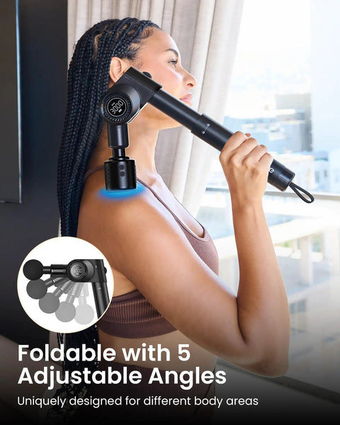 Woman using Heat And Cold Therapy Massage Gun With Deep Tissue Percussion For Muscle And Neck Pain Relief, Long Retractable Handle