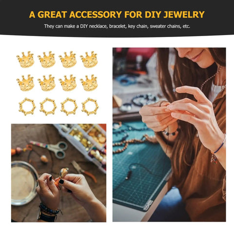 Dope Vintage Style Crown Charms Set, 50 Pcs Alloy Gold Tone Crown Pendants with intricate detailing for jewelry making and DIY projects.