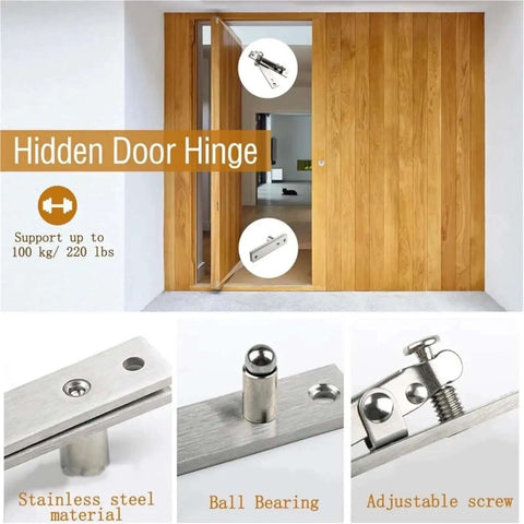 Rock Solid Heavy Duty Pivot Hinge Set For Secret Doors And Hidden Compartments, showcasing stainless steel material and adjustable screw.