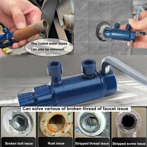 DIY Ready Broken Pipe And Valve Thread Extractor Kit For One Quarter, Three Eighths, And One Inch Pipes displayed with usage examples