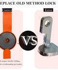 Surge brake lockout key with orange strap and magnet (left) contrasted with metal lockout lever (right)