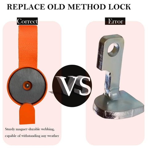 Surge brake lockout key with orange strap and magnet (left) contrasted with metal lockout lever (right)