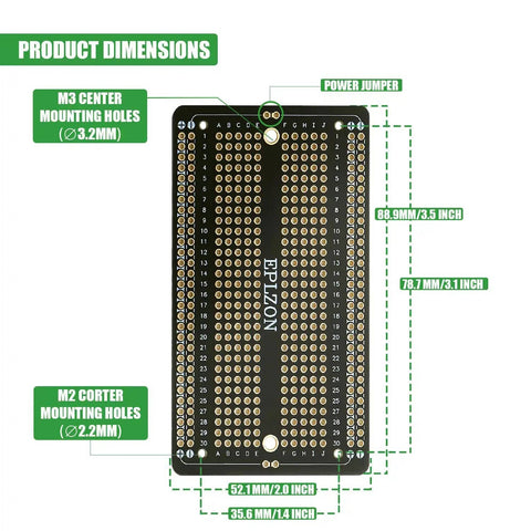 10 Piece Gold Plated Solderable Breadboard PCB Kit For DIY Electronics Projects, 3.5 By 2.05 Inches, dimensions shown