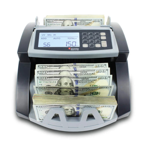 Ultra Fast Cash Counter With UV, MG And IR Counterfeit Detection, Add And Batch Modes, Large LCD Display, Counts Up To 1,300 Bills Per Minute, Pro Grade For Banks, Shops And Cash Heavy Workflows displaying counted bills