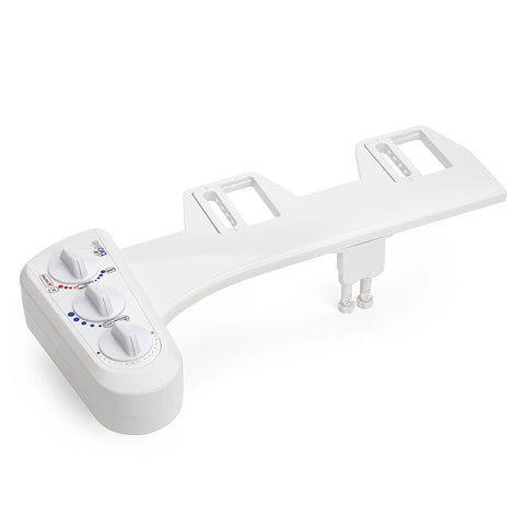 BB270 Dual Nozzle Bidet Attachment For Toilet Seat With Warm And Cold Water Non Electric Posterior And Feminine Wash Easy Install Adjustable Water Pressure Simple DIY Upgrade, showing top view with control dials.