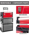 Rolling Upright Trolley Tool Box With Stackable Portable Organizer for Workshop and Garage, red, with metal latches and handle.