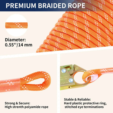 Heavy Duty Fall Protection Rope 50Ft Vertical Lifeline System with braided polyamide rope, snap hooks, and protective ring