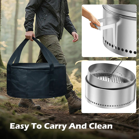 Man carrying portable smokeless 20 inch outdoor fire pit with grill grate and carry bag for camping RV and patio