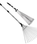 Adjustable Metal Rake with Collapsible Telescopic Handle for Quick Grab and Go Lawn Cleanup; metal rake with adjustable teeth.