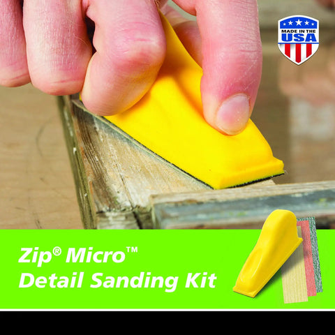 MicroZip Sander Kit With Assorted Grit Sanding Sheets For 3.5 Inch By 1 Inch Hook And Loop Pad Aluminum Oxide Premium Grits For A Smooth Final Finish Fast Sheet Swaps Great For Refinishing Projects being used on wood surface, close-up.