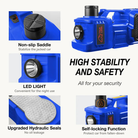 Beefy Heavy Duty Electric Car Jack Kit With Hydraulic Lift 5 Ton, Tire Inflator And Impact Wrench, 12V Floor Jack For Sedans, SUVs, MPVs And Trucks, Ideal For Tire Changes And Garage Repairs. Blue hydraulic jack with LED light and non-slip saddle.