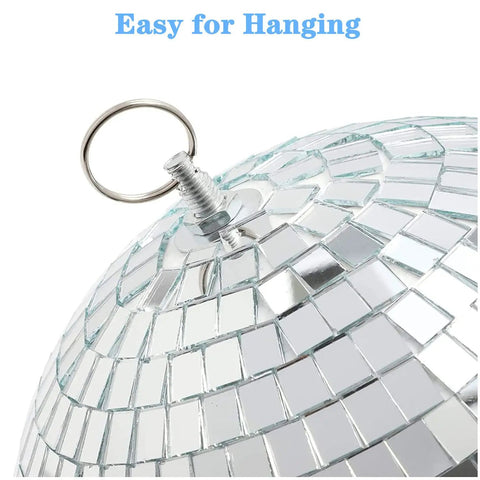 Close-up of 8 Inch Hanging Disco Ball For Party Wedding Holiday Or Home Decor With Tiny Mirror Squares and hanging ring