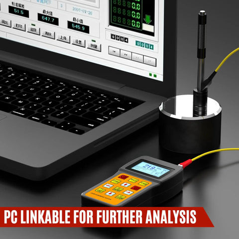 Non Destructive Metal Hardness Tester Digital Leeb Tester with Type D Impact Device connected to laptop for analysis