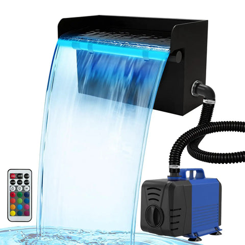 Pond Waterfall Spillway Kit With 8 Inch Stainless Steel Spillway Remote Control LED Lights 660GPH Submersible Pump