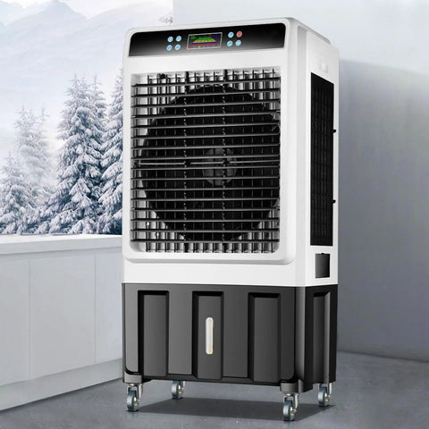 Portable Air Conditioner With Massive Water Tank And Free Ice Packs To Keep Your Space Chill As Ice All Day Long Includes Wireless Remote And Smooth Roll Casters For Bedroom Or Office, compact design with large fan.