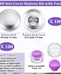 100 Pack DIY Button Kit With Wire Backs And Tools, Self Cover Fabric Buttons Size 24, 0.59 Inch, tools and button details