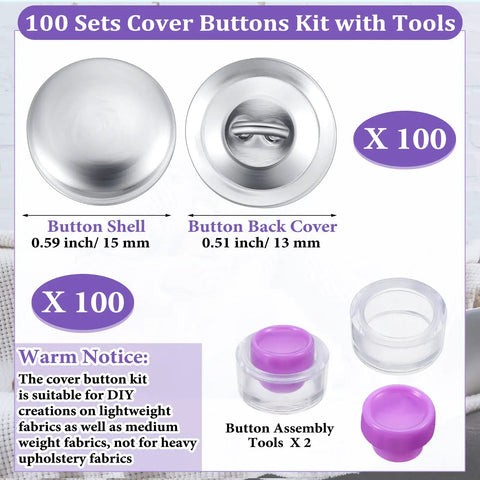100 Pack DIY Button Kit With Wire Backs And Tools, Self Cover Fabric Buttons Size 24, 0.59 Inch, tools and button details