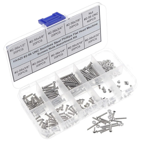 Backyard Builder Friendly Standard 2 56 UNC Stainless Steel Phillips Flat Head Machine Screws And Hex Nuts Assortment Kit With 220 Pieces In Nine Varying Lengths For Rock Solid Fixes And No Sweat Builds