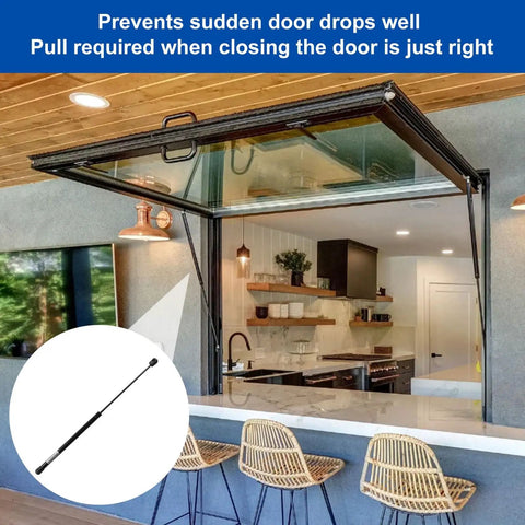 20 Inch Camper Gas Prop Door Support for RV Doors Trailers and Camper Shells with 10 LB Load Capacity installed on patio window