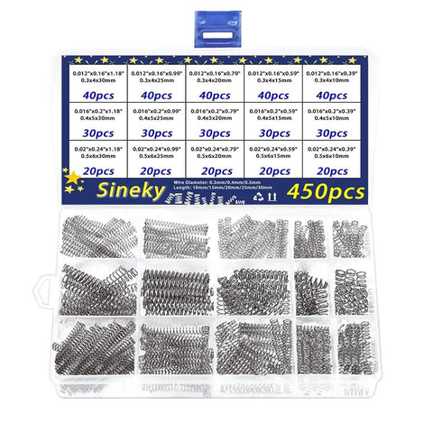 Front view: Sineky 450pcs stainless steel compression springs assortment kit with 15 sizes in a plastic storage box