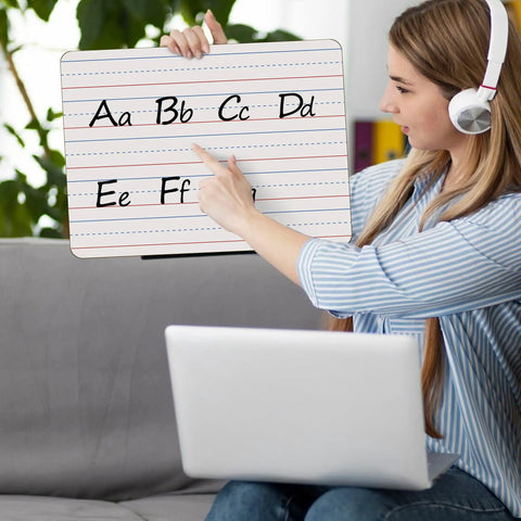 Six Pack Double Sided 9x12 Whiteboards With Lined Surfaces For Kids And Classroom Use, woman teaching alphabet with whiteboard
