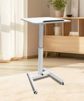 Heavy Duty Rolling Upright Desk With Adjustable Height Gas Lift And Secure Tilting Top Tray For Your Smooth Operator Home Office Or Classroom Workspace in white with wheels.