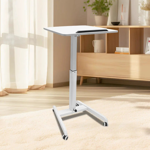 Heavy Duty Rolling Upright Desk With Adjustable Height Gas Lift And Secure Tilting Top Tray For Your Smooth Operator Home Office Or Classroom Workspace in white with wheels.