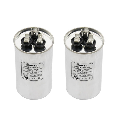 Two CBB65A capacitors labeled 45/5 MFD, 370/440VAC, for AC motor start. Focus: Beefy 45 Slash 5 Microfarad Start Capacitor Two Pack.