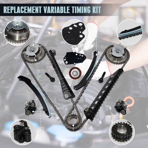 Beef Up Your 5.4 3V Engine With This Timing Chain Kit Including Cam Phaser, Tensioner And Sprocket For 2004 2008 F150 And 2005 2010 Expedition displayed with parts