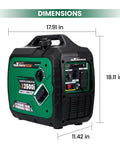 2500 Watt Portable Inverter Generator for Camping and RVs, Ultra Quiet 60 DB Gas Power with dimensions visible
