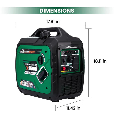 2500 Watt Portable Inverter Generator for Camping and RVs, Ultra Quiet 60 DB Gas Power with dimensions visible