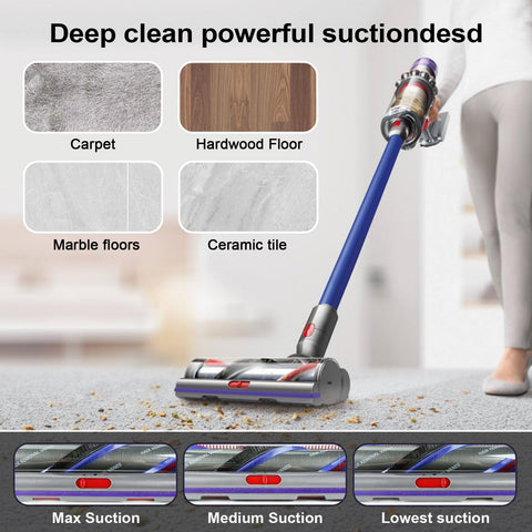 High Torque Brush Head Replacement For Dyson V11 V15 V10 V8 V7 Vacuums on carpet, showing suction modes for various floor types.