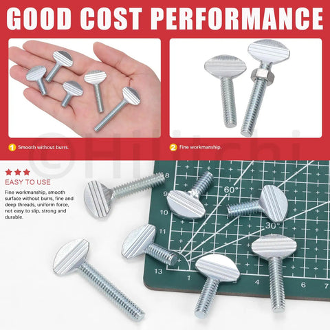 Tough As Nails Fifty Piece Full Thread Thumb Screws Five Sizes Quarter Twenty Carbon Steel Finger Tight Hardware Kit on green cutting mat.