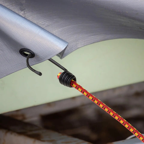 Heavy Duty 12 Inch Bungee Cords 10 Pack With Vinyl Coated Hooks And Fabric Wrap Red securing a tarp corner