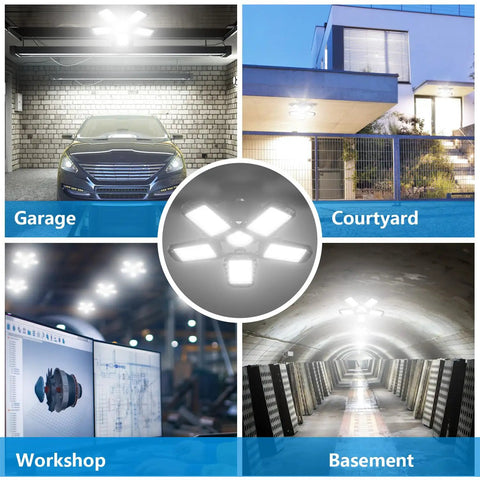 Ridiculously Bright LED Garage Light 400 Watt Equivalent 6500K Cool Daylight White Area Light illuminating various locations