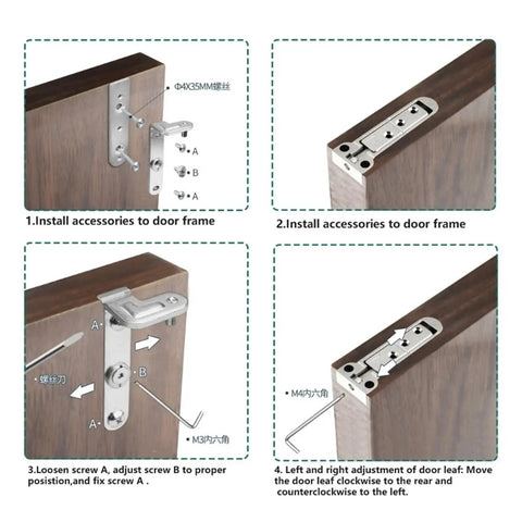 Invisible Concealed Door Hinge For Home Decor installation guide showing four steps for easy install on wooden cabinet.