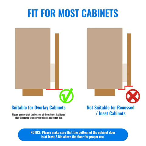 Diagram showing compatibility of Adhesive Toe Pull For Trash Cabinet Doors Hands Free Foot Operated Door Opener with overlay cabinets.