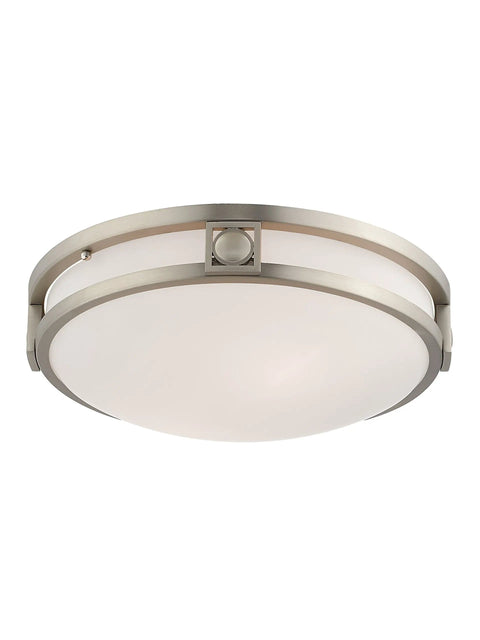 Titania 2-Light Ceiling Mount Fixture In Brushed Nickel With Transitional Design And Steel Construction, showing satin glass detail.