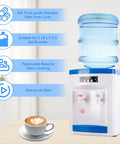 Hot And Cold Water Desktop Dispenser For 1.3 To 5 Gallon Jugs Top Loading Countertop Cooler with indicators next to a latte