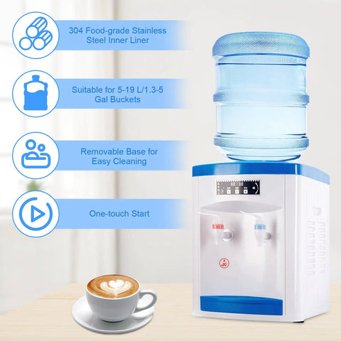 Hot And Cold Water Desktop Dispenser For 1.3 To 5 Gallon Jugs Top Loading Countertop Cooler with indicators next to a latte