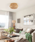 Living room with Natural Rattan Flush Mount Ceiling Light Fixture In Antique Brass Brush Finish With Two Lights Farmhouse Chandelier