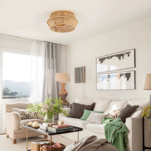 Living room with Natural Rattan Flush Mount Ceiling Light Fixture In Antique Brass Brush Finish With Two Lights Farmhouse Chandelier