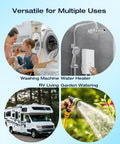 Inline Anti Scale Water Filter For Washing Machine And Home Water System in use with washing machine, shower, RV, and garden hose
