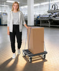 Heavy Duty Furniture Dolly With Smooth Rolling Locking Casters, Rock Solid Steel Folding Moving Platform, No Sweat Collapsible Hand Truck For Quick Sofa And Machine Moving, 1200 Lb Capacity, woman using dolly with box.